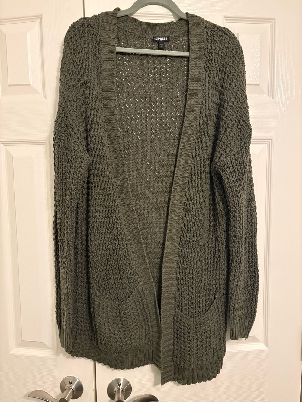 EXPRESS Olive Green Long Open-Front Cardigan | Cotton Blend | Size L
